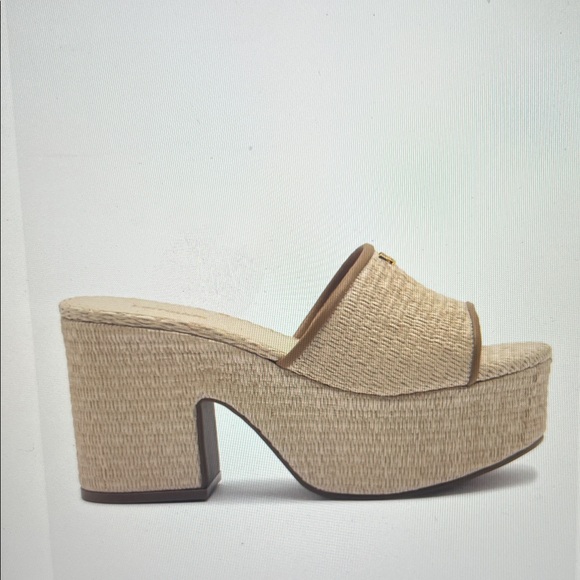 SALE! LARROUDE Miso Platform Sandal Natural Raffia & Hazelnut Trim. SZ 6.5. NEW. - Picture 1 of 8